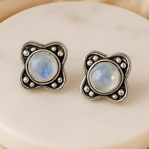 Rainbow Moonstone Stud Earrings – Sterling Silver Boho Studs – Vintage-Inspired Gemstone Earrings – Celestial Jewelry for Women