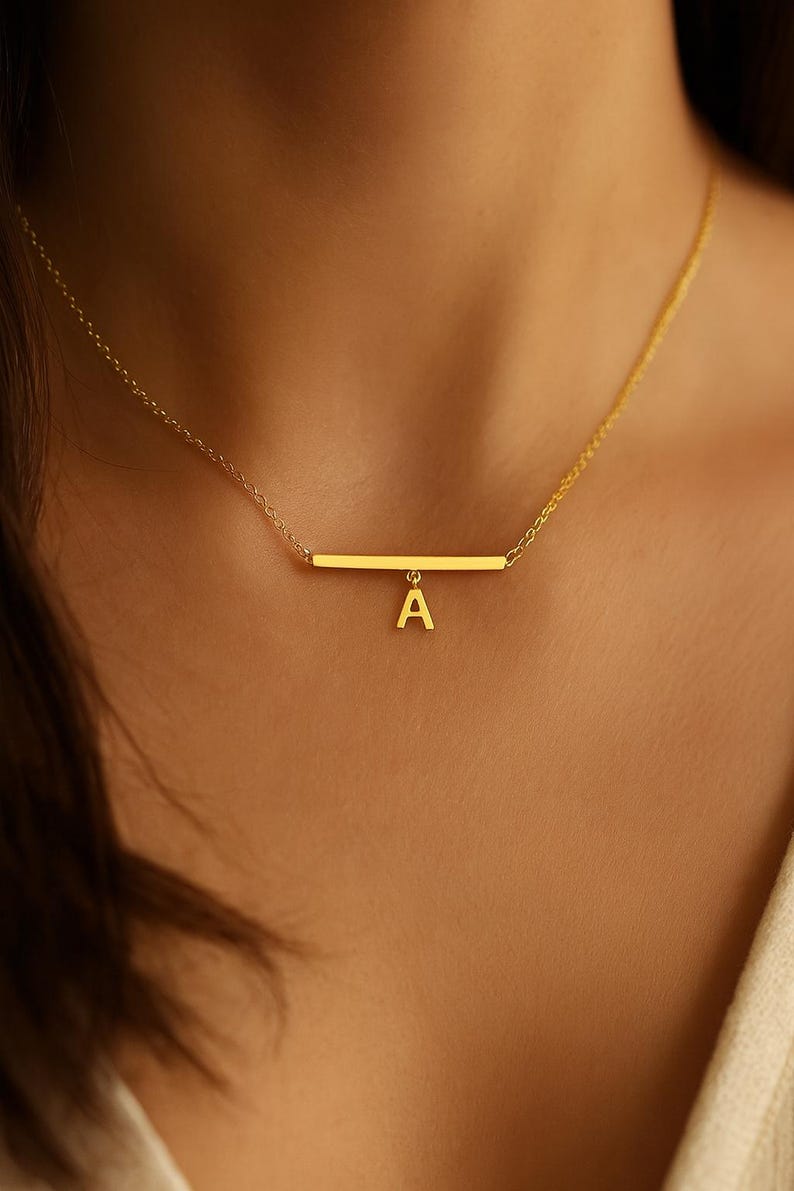 Sterling Silver Initial Necklace: Personalized Letter A Bar Pendant image 1
