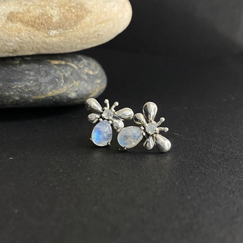 Sterling Silver Butterfly Studs: Rainbow Moonstone Boho Earrings image 1