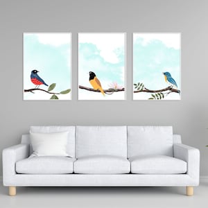 Birds on Branch Wall Art – Set of 3 Digital Animal Prints, Minimalist Bird Poster Download, Nature-Inspired Boho Decor for Living Room