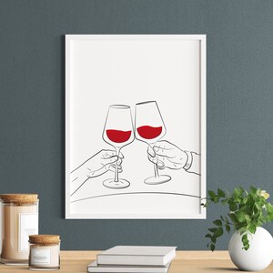 Minimal Art Print, Cheers Line Art, Red Wine Wall Art, Wine Lover's Art, Printable Gift, Printable Posters, Bar Decor
