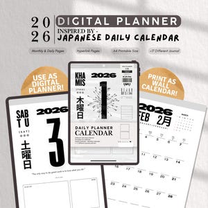 Puede incluir: Planificador digital para 2026, inspirado en los calendarios diarios japoneses. Incluye páginas mensuales y diarias, páginas de hipervínculos y tamaño A4 imprimible. El diseño incluye el texto "Daily Planner Calendar" y "Print as Wall Calendar!"