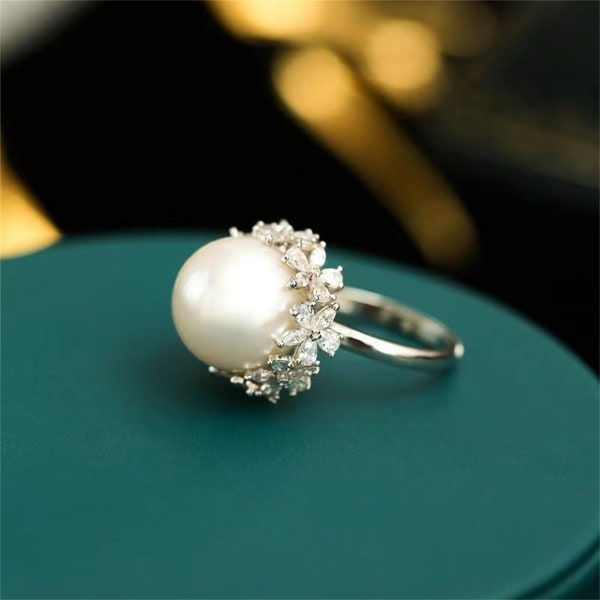 Bague perle d'eau douce, bague tendance, bague en argent, bague fleur CZ, bague femme, bague cadeau ajustable