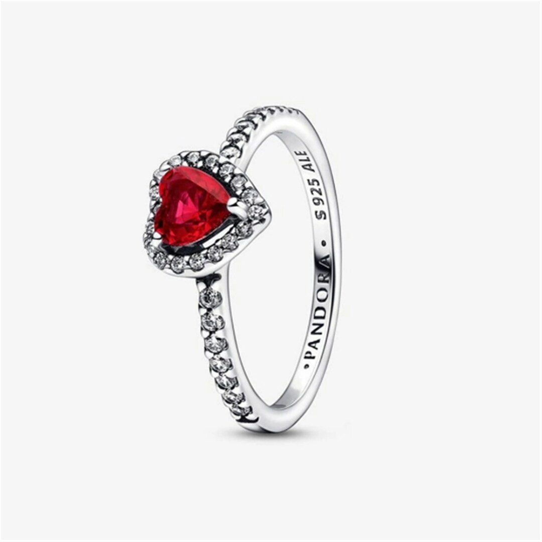 925 Sterling Silver Pandora Red Heart Charm Ring, Suitable for Pandora Moment Necklace, Bridal