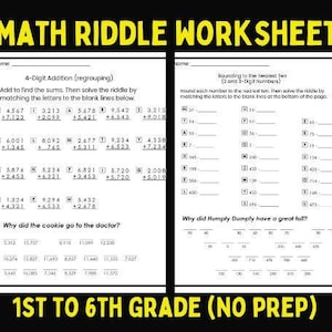 Puede incluir: Hojas de trabajo imprimibles en blanco y negro con acertijos matemáticos para estudiantes de 1º a 6º grado. Las hojas de trabajo incluyen problemas de suma de 4 dígitos y problemas de redondeo al diez más cercano. Los acertijos son: "¿Por qué la galleta fue al médico?" y "¿Por qué Humpty Dumpty tuvo una gran caída?"