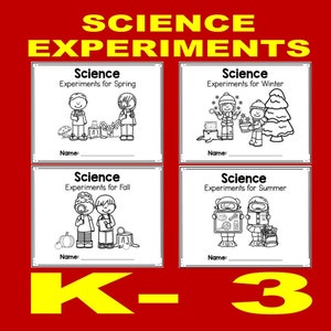 May include: Four black and white printable science experiment cover pages for kids. Each page features a different season: spring, summer, fall, and winter. The pages include the text "Science Experiments for [season]" and a space for a name.