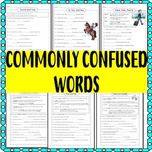May include: A worksheet with the title "Commonly Confused Words" divided into four sections: "You're and Your", "To, Too, and Two", "There, Their, They're", and "Pole and Poll". Each section has multiple fill-in-the-blank sentences to help students learn the correct usage of commonly confused words.