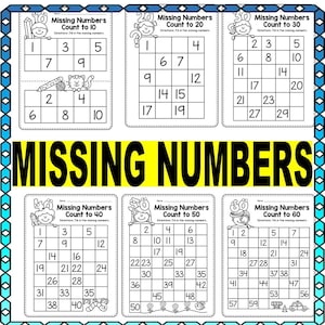 May include: Black and white printable worksheet with a title "Missing Numbers" and a series of grids with numbers 1 to 60. Each grid has missing numbers that need to be filled in. The worksheets are designed for children to practice counting and number recognition.