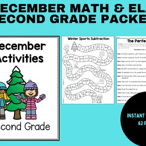 Pode incluir: Um pacote para alunos da segunda série com atividades de matemática e ELA com tema de dezembro. A capa apresenta ilustrações de crianças com roupas de inverno, uma árvore de Natal e o texto "Atividades de dezembro". Páginas adicionais incluem um jogo de subtração e uma atividade de compreensão de leitura. O pacote é um download instantâneo de 62 páginas.