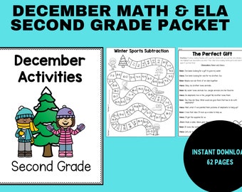 Op de afbeelding: Een pakket voor leerlingen van groep twee met wiskunde- en ELA-activiteiten met een thema van december. De omslag toont illustraties van kinderen in winterkleding, een kerstboom en de tekst "December Activiteiten". Extra pagina's bevatten een aftreksommenspel en een leesvaardigheidsactiviteit. Het pakket is een direct download met 62 pagina's.