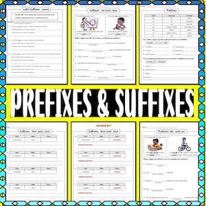May include: A printable worksheet for teaching prefixes and suffixes. The worksheet includes examples of words with prefixes and suffixes, as well as instructions for students to complete the exercises.