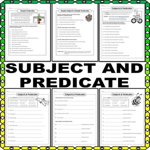 May include: Black and white worksheets with colorful illustrations of a plane, a bee, and a Christmas tree. The worksheets are titled "Subjects & Predicates" and "Simple Subjects & Simple Predicates".