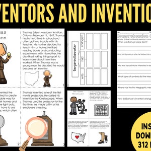 Op de afbeelding: Educatieve print met uitvinders en uitvindingen. Bevat een biografie van Thomas Edison, een begripscontrole en een sectie over Benjamin Banneker. De tekst bevat de woorden "Uitvinders en Uitvindingen" en "Direct downloaden 312 pagina's".
