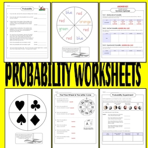 May include: Probability worksheets for kids featuring colorful spinners, a prize wheel, a letter cube, and a probability experiment with coins. The worksheets include questions about mathematical probability, experimental probability, and the likelihood of different outcomes.