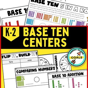May include: A set of printable educational worksheets for K-2 students focusing on base ten math concepts. The worksheets include activities like building numbers, comparing numbers, and base ten addition. The worksheets feature colorful graphics and clear instructions.