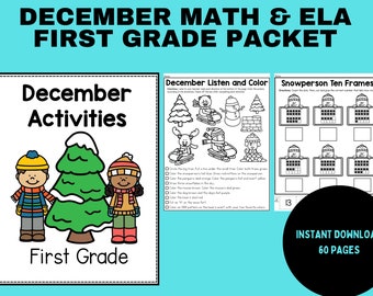Op de afbeelding: Een afdrukbaar activiteitenpakket voor de eerste klas in december. De omslag toont de tekst "December Activiteiten" en "Eerste klas" met illustraties van kinderen en een kerstboom. Bevat wiskunde- en ELA-werkbladen.