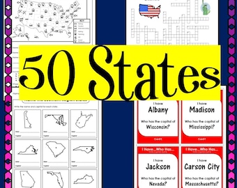 Puede incluir: Material educativo sobre los 50 estados de EE. UU., incluyendo hojas de trabajo y tarjetas didácticas. La imagen muestra un mapa de las industrias estadounidenses, un crucigrama y ejercicios de completar. Tarjetas con capitales.