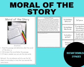 May include: Black and white printable worksheet with the title "Moral of the Story". The worksheet includes a passage about a basketball game, directions for a moral of the story activity, and a blank space for students to write their answers. There are also several clue cards with different morals, such as "You should always tell the truth" and "You should always follow the rules".
