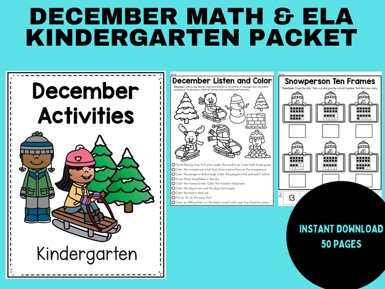 Sleighing Math December Math and ELA Worksheet Activities for Kindergarten - Etsy