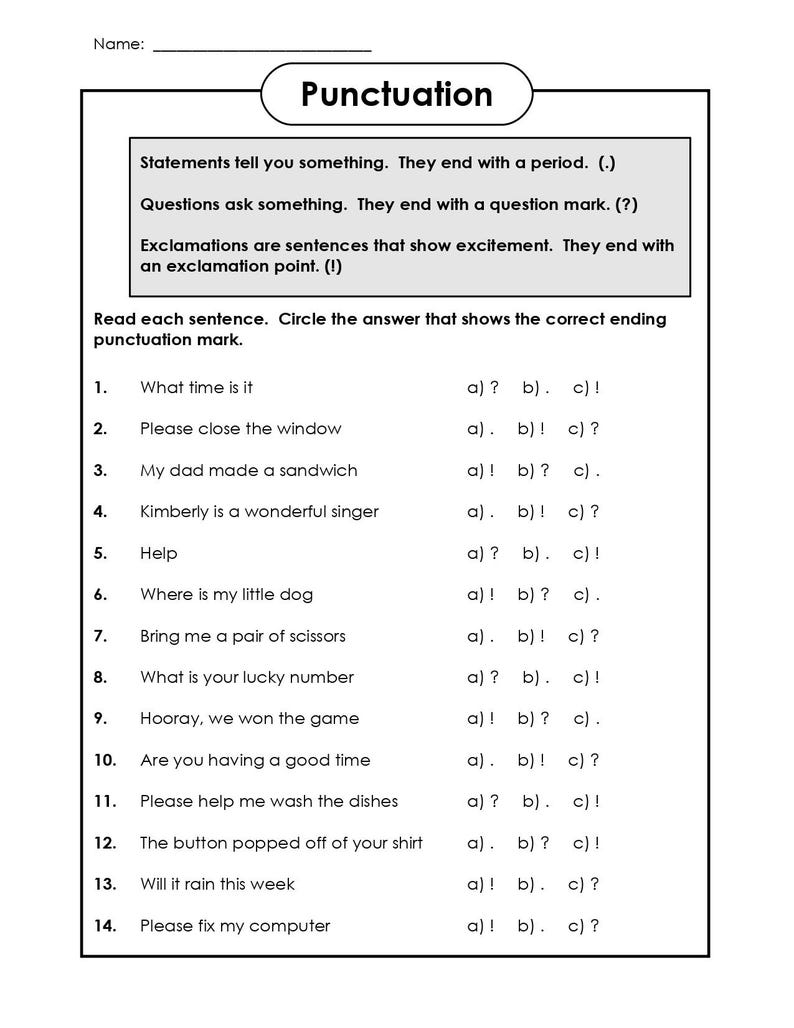 Punctuation Worksheets (PDF Pattern) - Etsy
