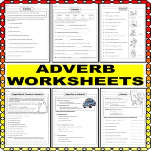 Könnte beinhalten: Schwarz-weiße Arbeitsblätter zum Erlernen von Adverbien im Englischen. Die Arbeitsblätter enthalten Beispiele für Adverbien, Präpositionalphrasen als Adverbien und Adjektiv oder Adverb. Die Arbeitsblätter sind mit "Adverbien" und "Adverb-Arbeitsblätter" betitelt.