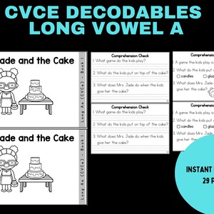 May include: Black and white illustration of a book for teaching children about long vowel sounds. The book is titled "Mrs. Jade and the Cake" and features a black girl with glasses holding a bag. The book is part of a set of 29 pages.