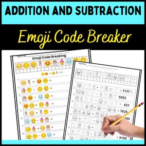 Op de afbeelding: Een zwart-witte printbare werkblaadje met emoji's voor kinderen om optel- en aftrekproblemen op te lossen. De werkblaadje heeft de titel "Emoji Code Breaker" en bevat de woorden "Optellen en Aftrekken".