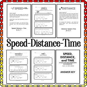May include: Black and white worksheets on speed, distance, and time, suitable for ages 10 and up. The worksheets include word problems and an answer key. The title "Speed-Distance-Time" is prominently displayed.