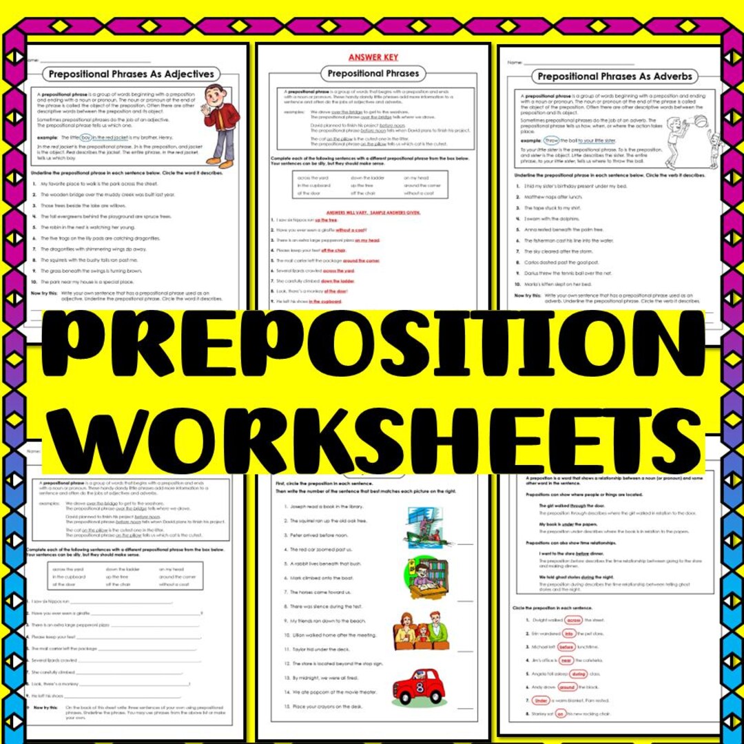 Preposition Worksheets: Printable Grammar Practice (answer Key) - Etsy