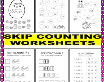 May include: Black and white printable worksheets for kids to practice skip counting by 2, 6, and 25. The worksheets feature images of cookies, cherries, dice, and a dog bone. The worksheets include instructions to count the objects and circle the next number in a sequence.