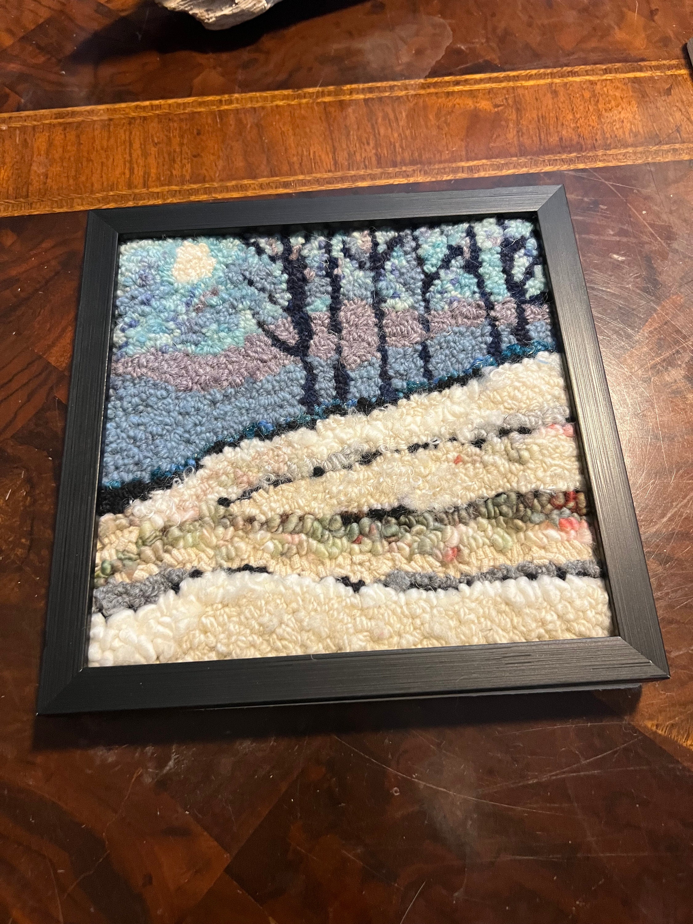 Rug Hooking Wall Hanging Art Mystery of the Blue Trees in the Snow