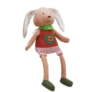 May include: A soft toy bunny with a brown head, long ears with white lining, and a green polka-dot scarf. It has a red top with a flower design and striped shorts. The doll's legs and feet are tan, with green feet.