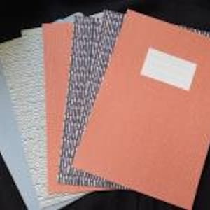 May include: Five notebooks with patterned covers in a stack. The covers feature light blue, silver, coral, and a black and white design. One coral notebook has a blank white label. The notebooks are arranged on a black surface.