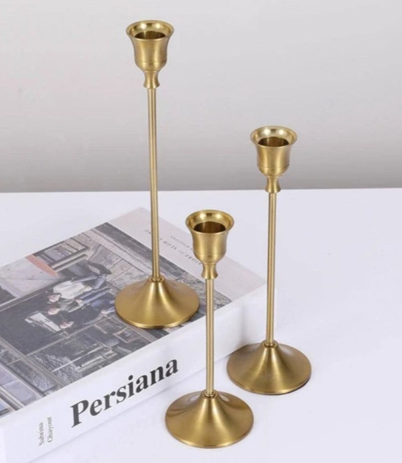 Set of 3 Brass Taper Candle Holders, Matte Gold Candlestick Holders