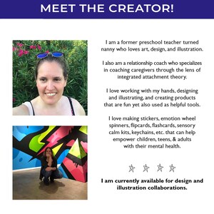 May include: A Meet the Creator graphic featuring a portrait of a person with blue-tinted sunglasses, a photo of the same person crouching before a colorful geometric mural, and text describing their background as a teacher, nanny, and coach.