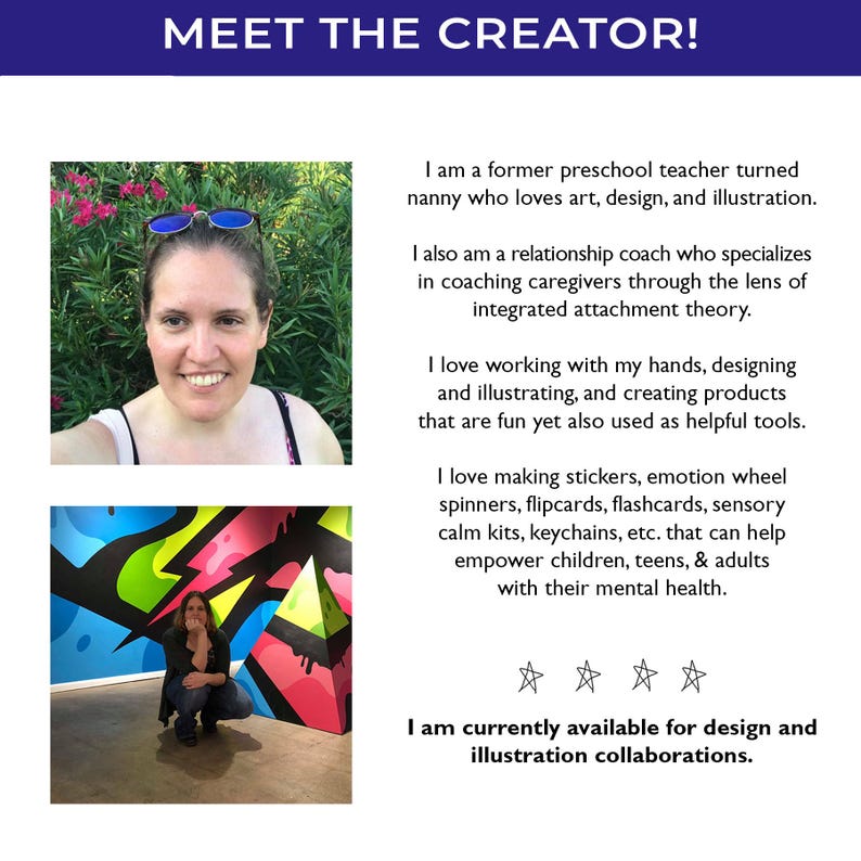 May include: A Meet the Creator graphic featuring a portrait of a person with blue-tinted sunglasses, a photo of the same person crouching before a colorful geometric mural, and text describing their background as a teacher, nanny, and coach.
