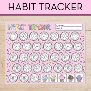 Rastreador de hábitos de cupcakes, linda lista de verificación de rutina diaria imprimible para niños, cuadro de recompensas, rastreador mensual digital, cuadro de horario visual para TDAH y autismo.