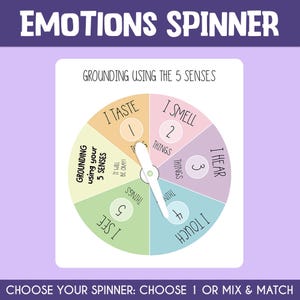 May include: A circular emotions spinner chart titled Grounding Using The 5 Senses. The wheel is divided into six colored segments featuring text prompts: I Taste 1 Thing, I Smell 2 Things, I Hear 3 Things, I Touch 4 Things, I See 5 Things.