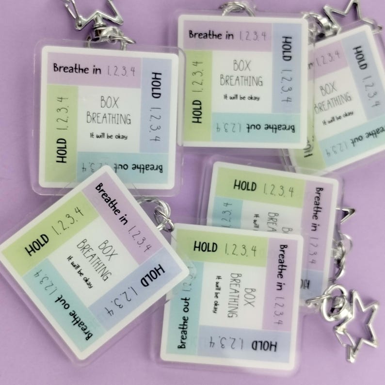 Therapeutic Support Keychain Box Breathing Technique Mental Health Accessory Portable Mindfulness Tool Daily Anxiety Management Aid Clear Acrylic Design Double Sided Construction Star Hook Attachment Calming Breathe Reminder Meditation