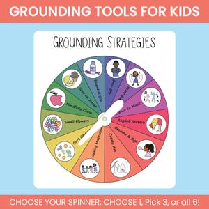 May include: A colorful wheel with the text "Grounding Strategies" and illustrations for each strategy. The wheel includes options like "Essential Oils," "Self-Hug," and "Breathe & Sigh." The text "Grounding Tools for Kids" is at the top.