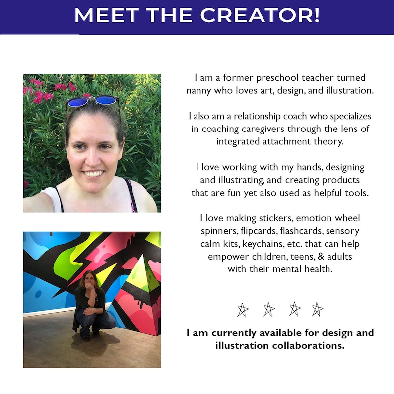K&ouml;nnte beinhalten: Eine Meet the Creator-Grafik mit einem Portr&auml;t einer Person mit blau get&ouml;nter Sonnenbrille, einem Foto derselben Person vor einem farbenfrohen geometrischen Wandgem&auml;lde und Text, der ihren Hintergrund als Lehrerin, Nanny und Coach beschreibt.