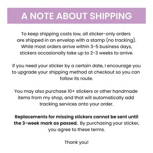 May include: A white rectangular informational sign with a light purple header bar containing the text A NOTE ABOUT SHIPPING in white capital letters. The body text is black and provides details regarding shipping methods, tracking, and delivery timelines.