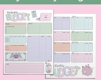 May include: Printable monthly budget planner with a pink, green, and blue color scheme. The planner includes sections for income, expenses, savings, checking, and bills. It also features a cute cartoon laptop, piggy bank, and a jar of coins.