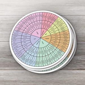 May include: A set of three circular emotion wheels, each displaying a color-coded spectrum of feelings. The wheels are labeled with various emotions, such as happy, sad, and angry, with corresponding sub-emotions. The background is a light wood grain.