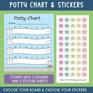 May include: A potty training chart and sticker set. The chart is light blue with spaces for each day of the week and a reward section. Includes star-shaped stickers in various colors. Text on the image reads "Potty Chart & Stickers."