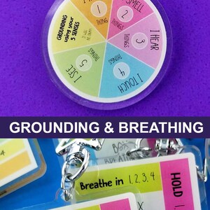 K&ouml;nnte beinhalten: Eine Sammlung von durchsichtigen Acryl-Schl&uuml;sselanh&auml;ngern mit Erdungs- und Atem&uuml;bungen. Die Designs umfassen ein 5-Sinne-Farbrad, ein Quadrat f&uuml;r Box-Breathing mit Anleitungen sowie ein Gef&uuml;hlsrad mit verschiedenen Textbeschriftungen.
