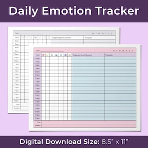 Peut inclure: Deux feuilles imprimables de suivi quotidien des émotions. Le haut de la page indique "Daily Emotion Tracker". Les feuilles comportent des sections pour la date, l'heure, l'événement/contexte déclencheur et les pensées. La taille du téléchargement numérique est de 21,6 cm x 27,9 cm.