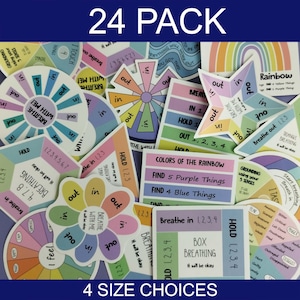 May include: A 24-pack of colorful educational stickers featuring various breathing exercises, grounding techniques, and emotional regulation charts. The designs include shapes like stars, flowers, and wheels with text such as Breathe with me, Box Breathing, and Find 5 Purple Things.