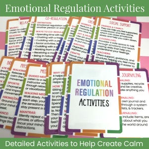 May include: A deck of white cards with colorful borders and text titled Emotional Regulation Activities. Each card features specific strategies like Co-Regulation, Social Support, and Journaling, providing written instructions for various calming techniques.