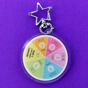 K&ouml;nnte beinhalten: Ein runder Acryl-Schl&uuml;sselanh&auml;nger mit einem sternf&ouml;rmigen silbernen Metallverschluss. Das Design ist ein buntes Rad, das in f&uuml;nf Segmente unterteilt ist, beschriftet mit den 5 Sinnen: I TASTE 1 THING, I SMELL 2 THINGS, I HEAR 3 THINGS, I TOUCH 4 THINGS, I SEE 5 THINGS.